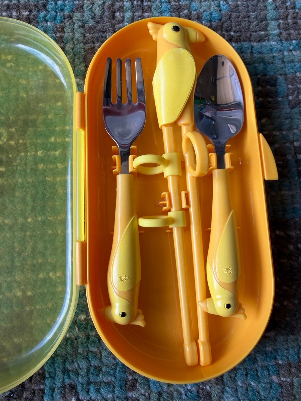 One set of Yellow Parrot Children's Cutlery Set with Carrying Case ~ Target